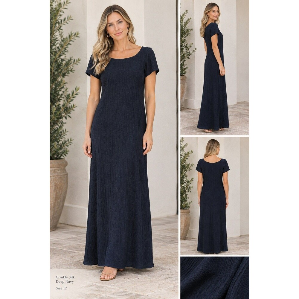Jones New York Silk Crinkle Column Dress Size 12 Navy Blue Vintage Minimalist